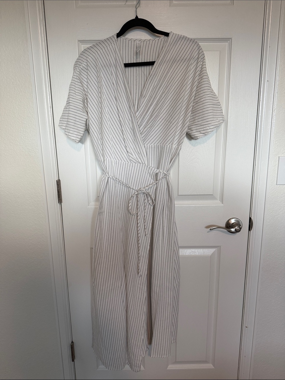 Mango White Midi Wrap Dress with Black Stripes